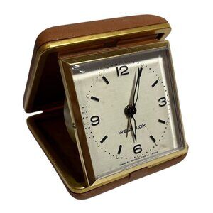 Wesclox Travel Alarm Clock Foldable Brown Faux Leather Case Taiwan Manual Wind